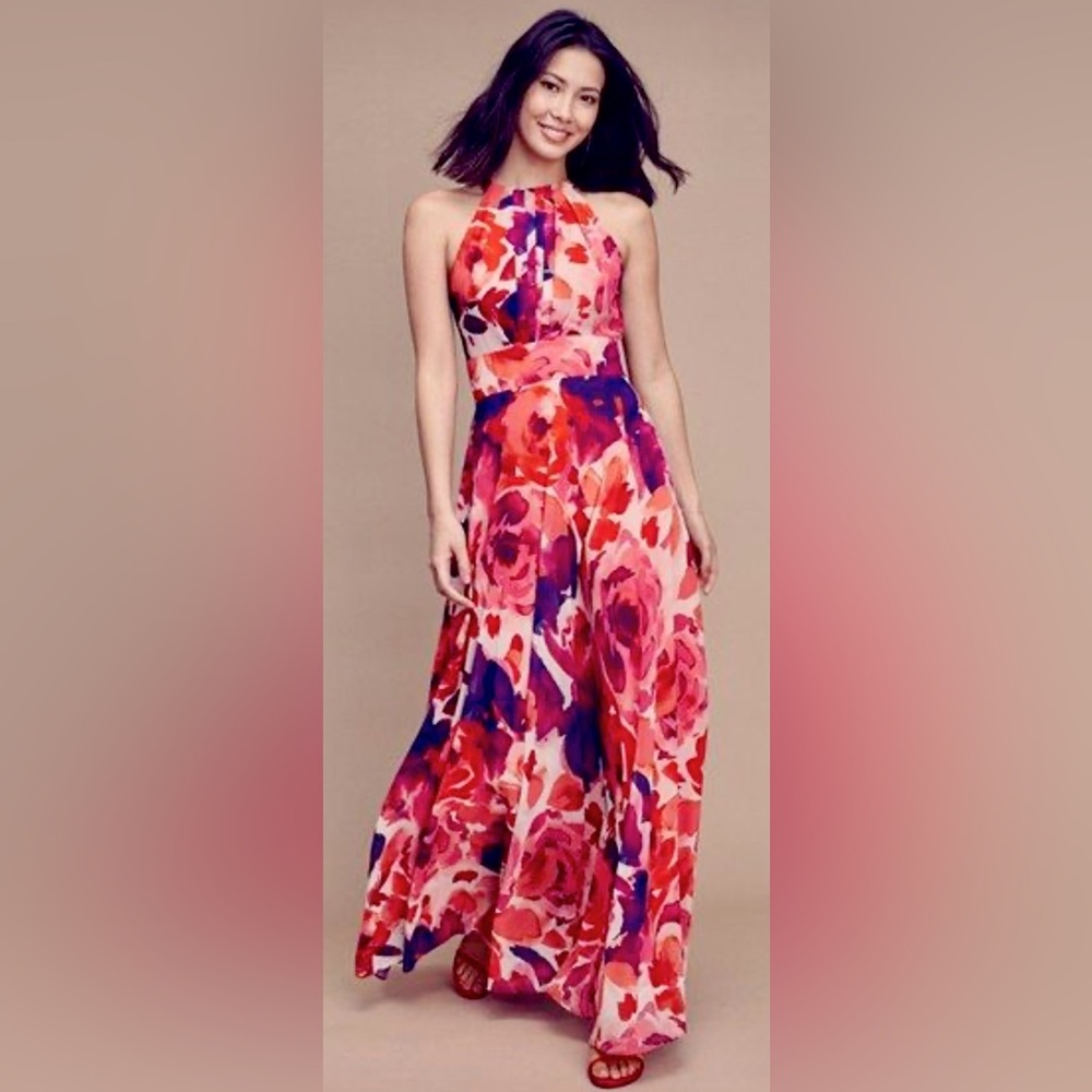 Eliza J Sleeveless Halter Neck Inky Floral Chiffon A-line Maxi Dress ZB2